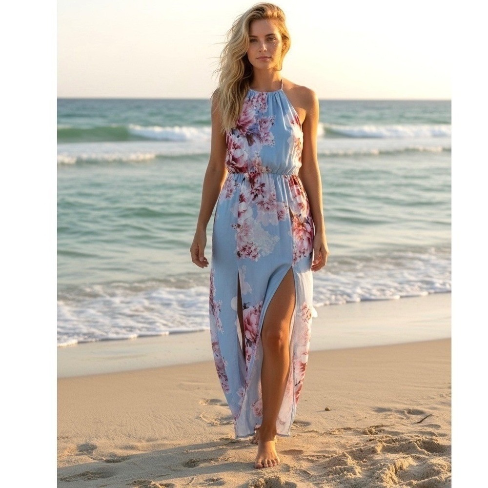 Plum Pretty Sugar Floral Double Slit Halter Maxi Dress Womens S Blue Pink Flowy